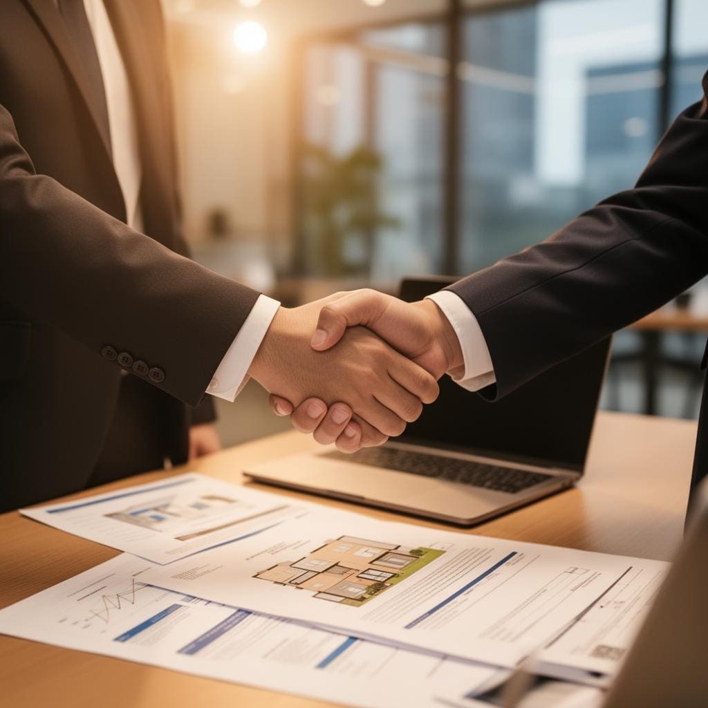 Business partners shaking hands over real estate documents
